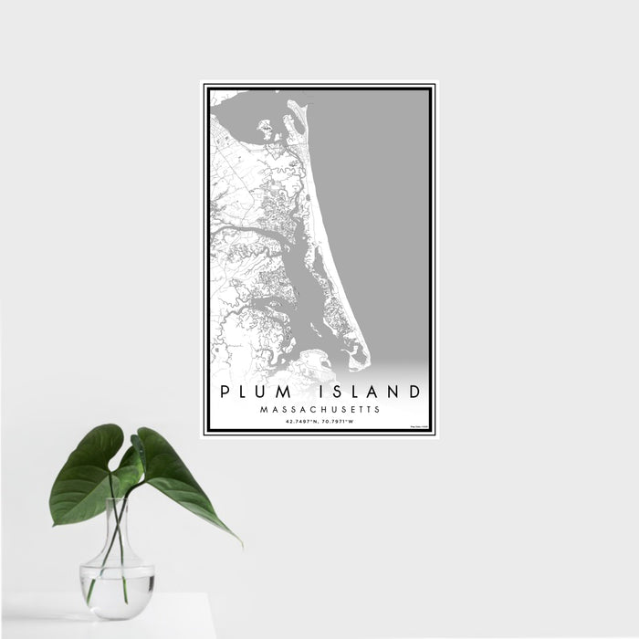 16x24 Plum Island Massachusetts Map Print Portrait Orientation in Classic Style With Tropical Plant Leaves in Water