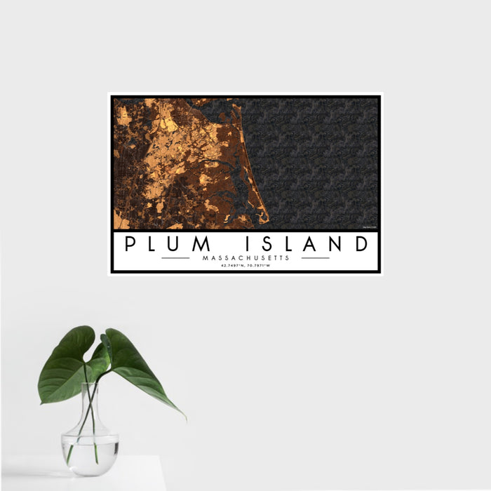 16x24 Plum Island Massachusetts Map Print Landscape Orientation in Ember Style With Tropical Plant Leaves in Water