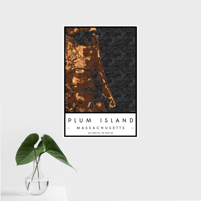 16x24 Plum Island Massachusetts Map Print Portrait Orientation in Ember Style With Tropical Plant Leaves in Water
