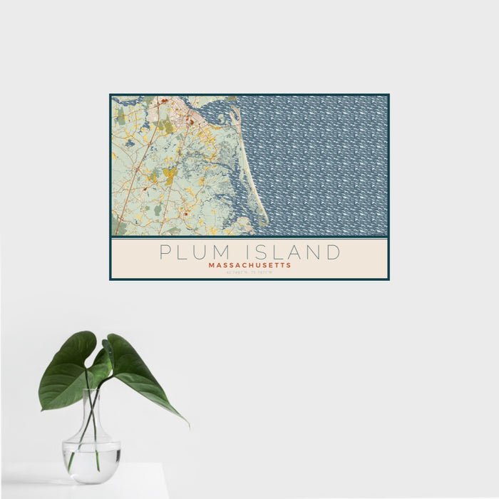 16x24 Plum Island Massachusetts Map Print Landscape Orientation in Woodblock Style With Tropical Plant Leaves in Water