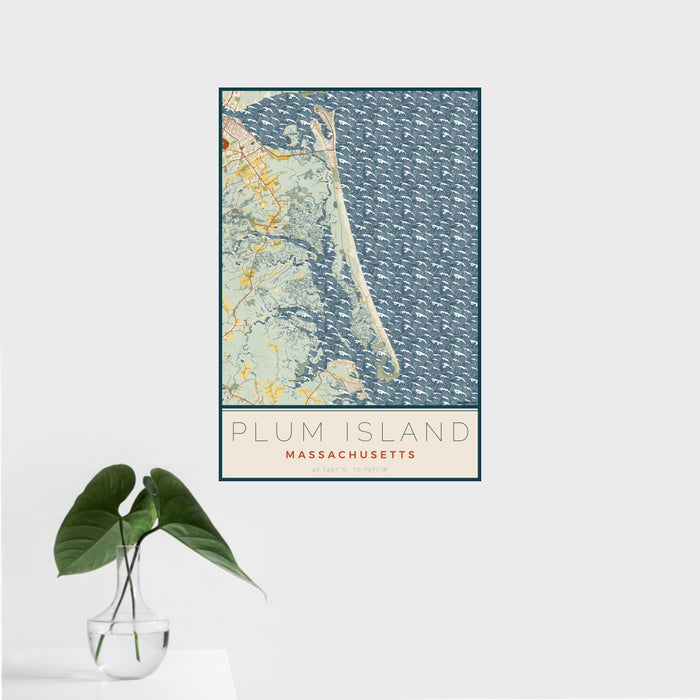16x24 Plum Island Massachusetts Map Print Portrait Orientation in Woodblock Style With Tropical Plant Leaves in Water