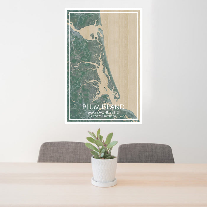 24x36 Plum Island Massachusetts Map Print Portrait Orientation in Afternoon Style Behind 2 Chairs Table and Potted Plant