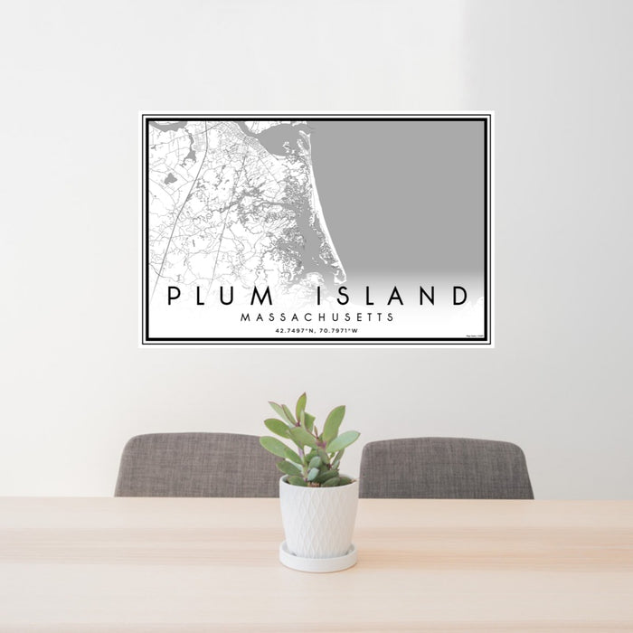 24x36 Plum Island Massachusetts Map Print Lanscape Orientation in Classic Style Behind 2 Chairs Table and Potted Plant