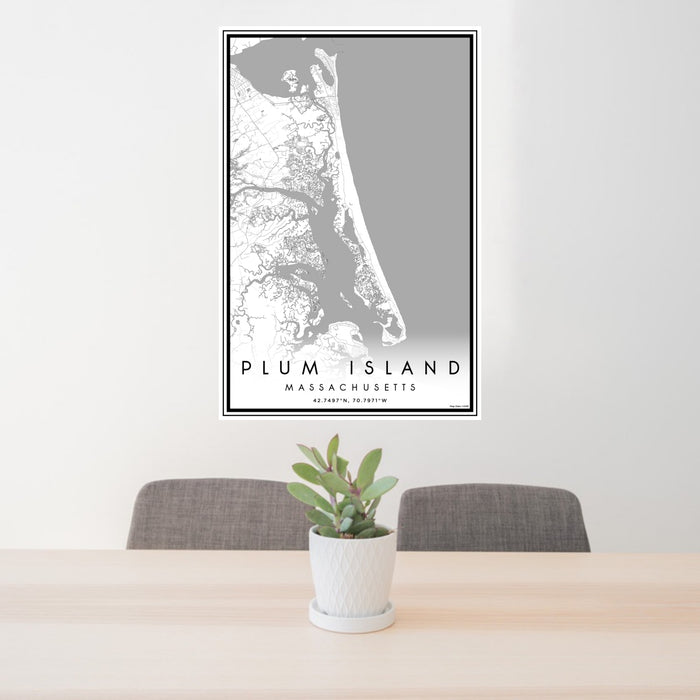 24x36 Plum Island Massachusetts Map Print Portrait Orientation in Classic Style Behind 2 Chairs Table and Potted Plant