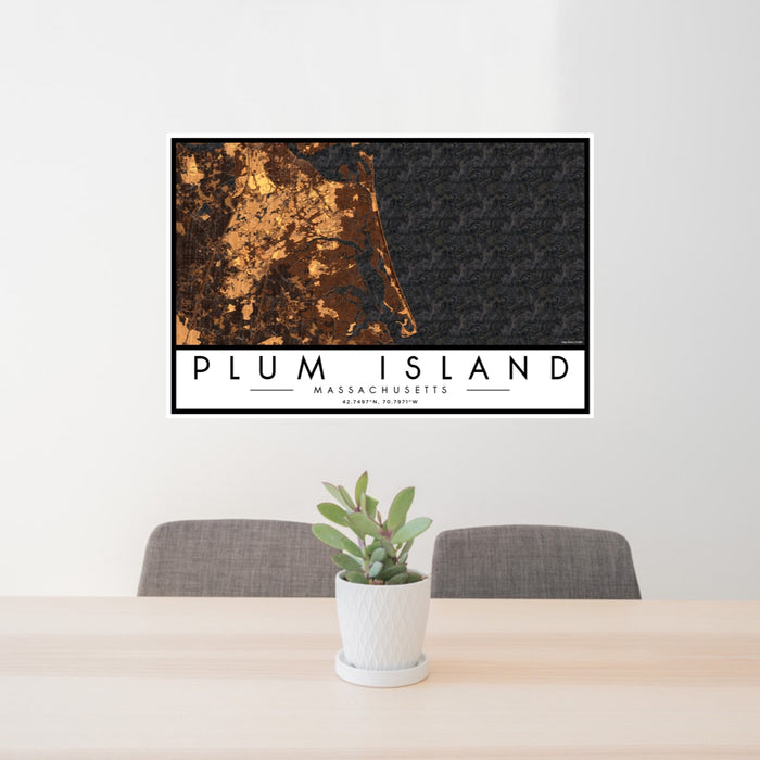 24x36 Plum Island Massachusetts Map Print Lanscape Orientation in Ember Style Behind 2 Chairs Table and Potted Plant