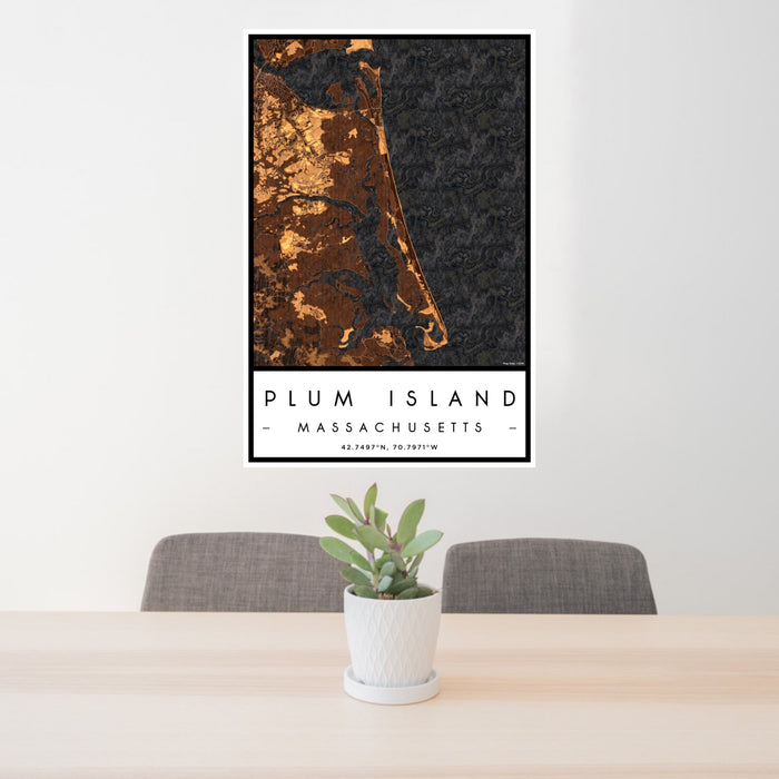 24x36 Plum Island Massachusetts Map Print Portrait Orientation in Ember Style Behind 2 Chairs Table and Potted Plant