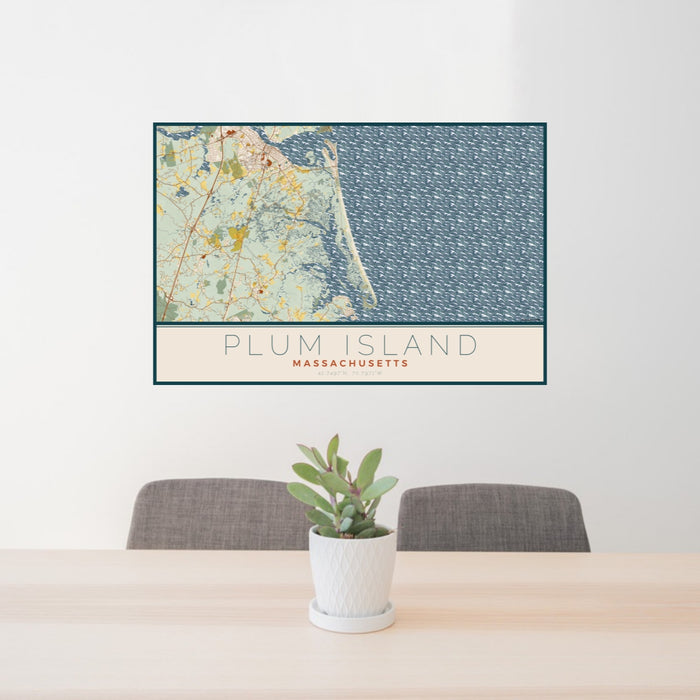 24x36 Plum Island Massachusetts Map Print Lanscape Orientation in Woodblock Style Behind 2 Chairs Table and Potted Plant