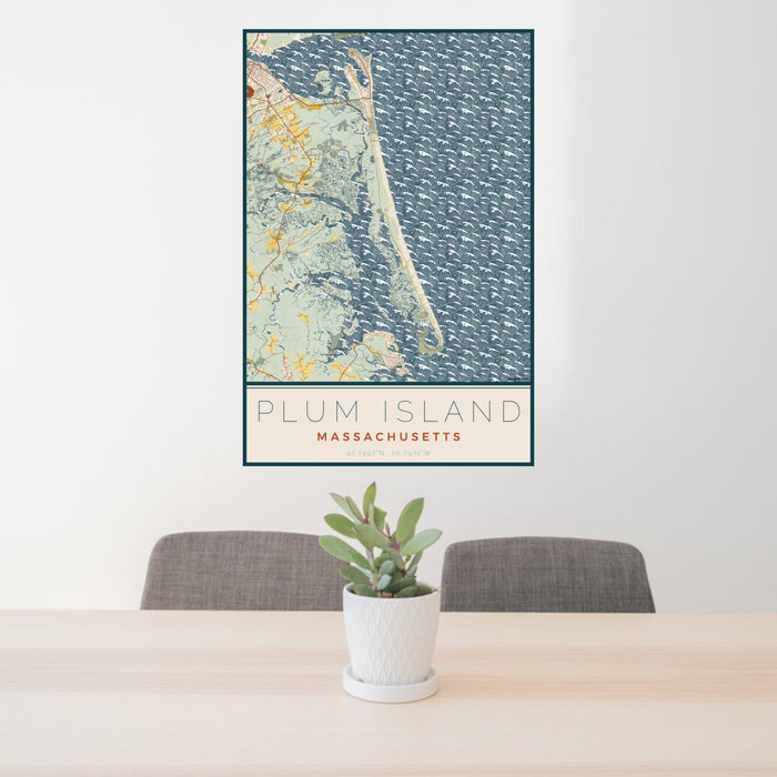 24x36 Plum Island Massachusetts Map Print Portrait Orientation in Woodblock Style Behind 2 Chairs Table and Potted Plant
