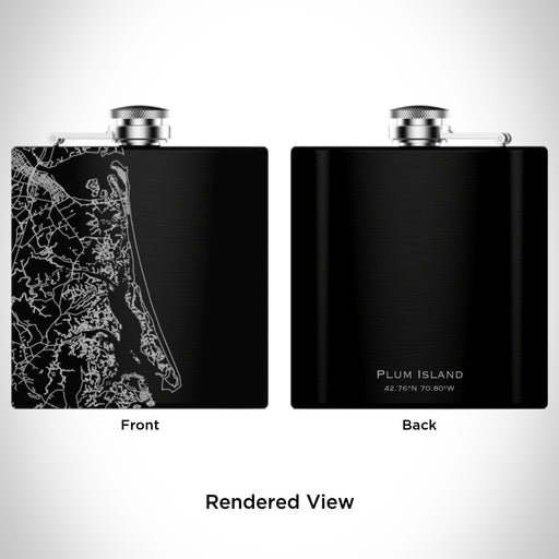 Rendered View of Plum Island Massachusetts Map Engraving on 6oz Stainless Steel Flask in Black