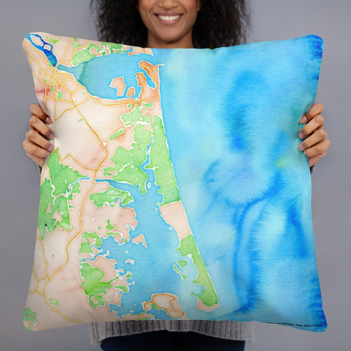 Person holding 22x22 Custom Plum Island Massachusetts Map Throw Pillow in Watercolor