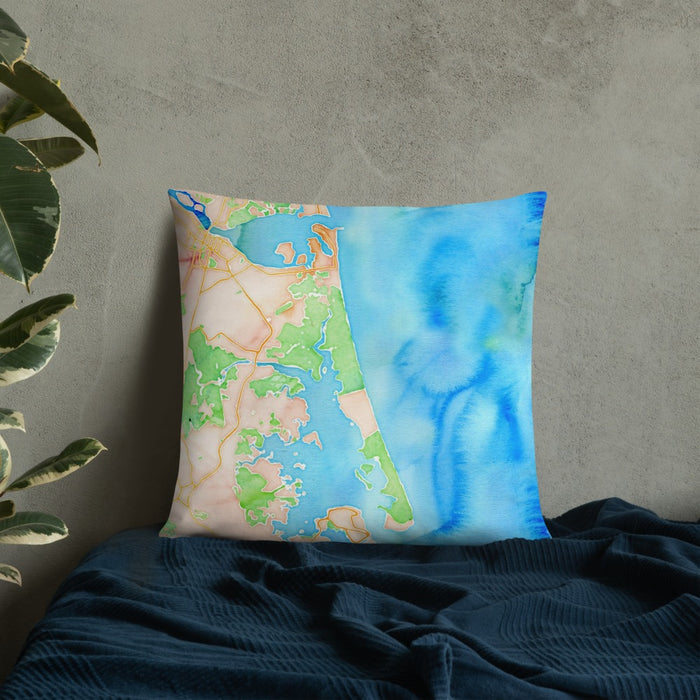 Custom Plum Island Massachusetts Map Throw Pillow in Watercolor on Bedding Against Wall