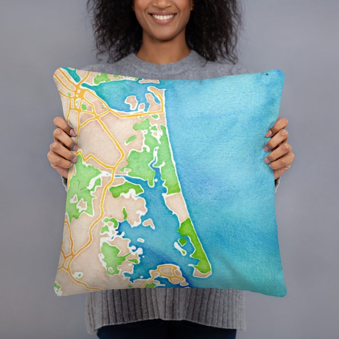 Person holding 18x18 Custom Plum Island Massachusetts Map Throw Pillow in Watercolor