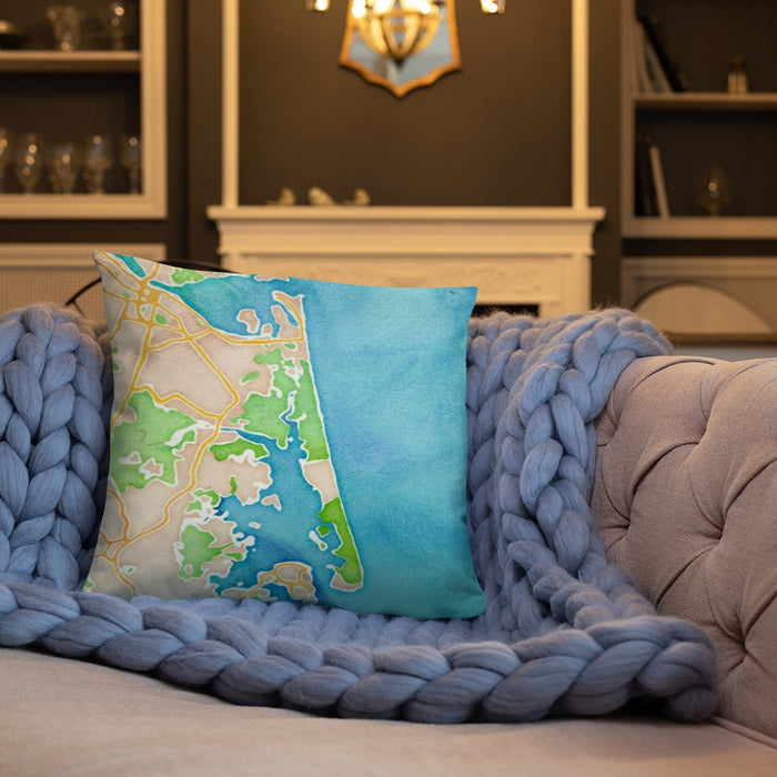 Custom Plum Island Massachusetts Map Throw Pillow in Watercolor on Cream Colored Couch