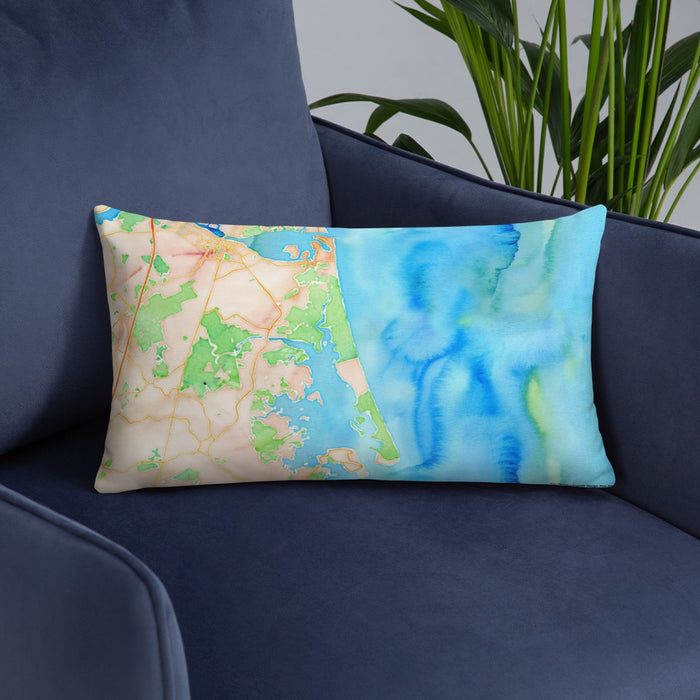 Custom Plum Island Massachusetts Map Throw Pillow in Watercolor on Blue Colored Chair