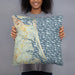 Person holding 18x18 Custom Plum Island Massachusetts Map Throw Pillow in Woodblock
