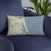 Custom Plum Island Massachusetts Map Throw Pillow in Woodblock on Blue Colored Chair
