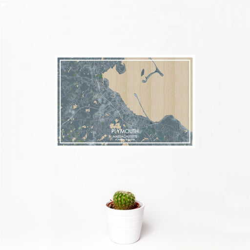 12x18 Plymouth Massachusetts Map Print Landscape Orientation in Afternoon Style With Small Cactus Plant in White Planter