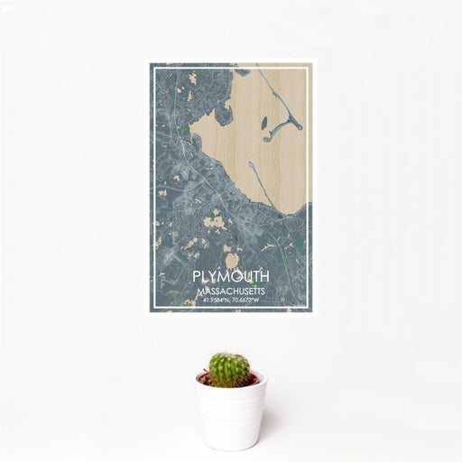 12x18 Plymouth Massachusetts Map Print Portrait Orientation in Afternoon Style With Small Cactus Plant in White Planter