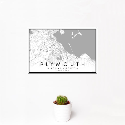 12x18 Plymouth Massachusetts Map Print Landscape Orientation in Classic Style With Small Cactus Plant in White Planter