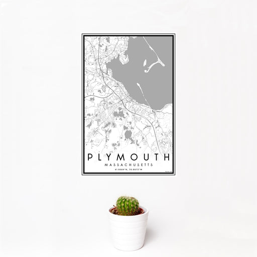 12x18 Plymouth Massachusetts Map Print Portrait Orientation in Classic Style With Small Cactus Plant in White Planter