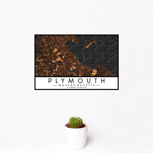12x18 Plymouth Massachusetts Map Print Landscape Orientation in Ember Style With Small Cactus Plant in White Planter