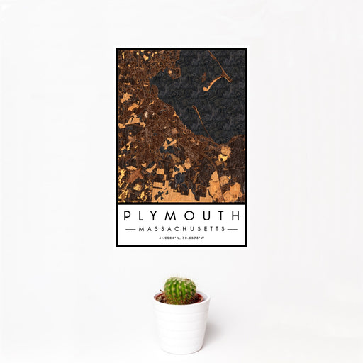 12x18 Plymouth Massachusetts Map Print Portrait Orientation in Ember Style With Small Cactus Plant in White Planter