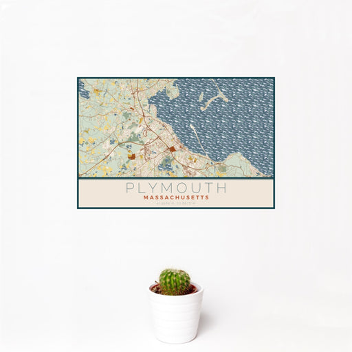 12x18 Plymouth Massachusetts Map Print Landscape Orientation in Woodblock Style With Small Cactus Plant in White Planter