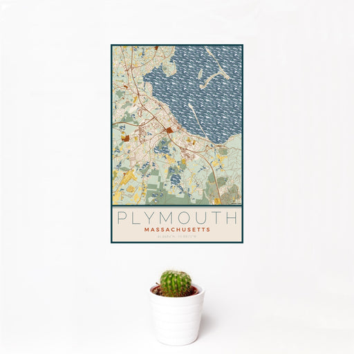 12x18 Plymouth Massachusetts Map Print Portrait Orientation in Woodblock Style With Small Cactus Plant in White Planter