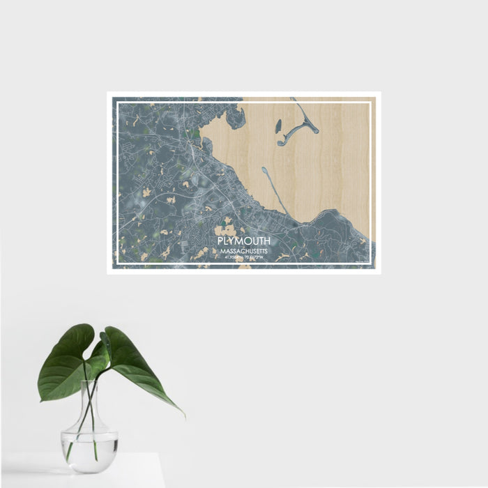 16x24 Plymouth Massachusetts Map Print Landscape Orientation in Afternoon Style With Tropical Plant Leaves in Water