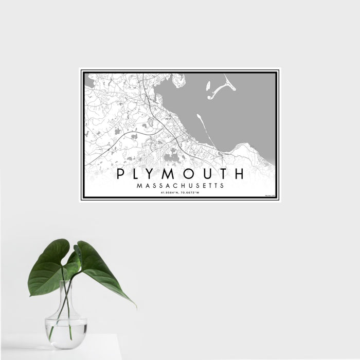 16x24 Plymouth Massachusetts Map Print Landscape Orientation in Classic Style With Tropical Plant Leaves in Water