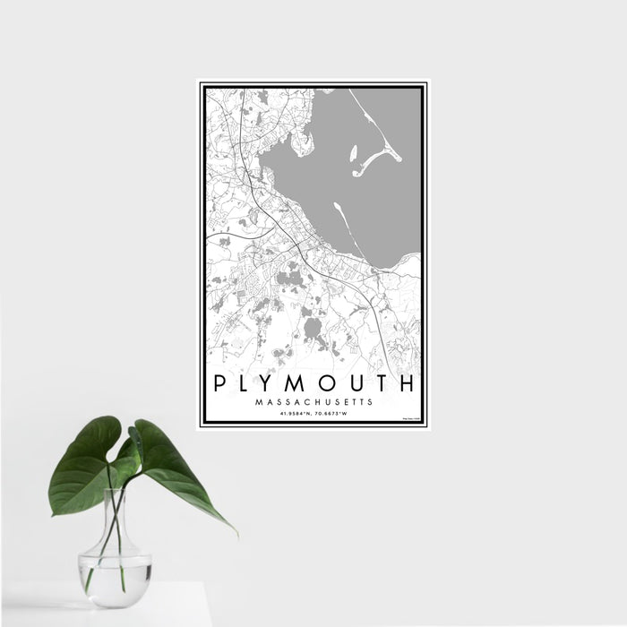 16x24 Plymouth Massachusetts Map Print Portrait Orientation in Classic Style With Tropical Plant Leaves in Water