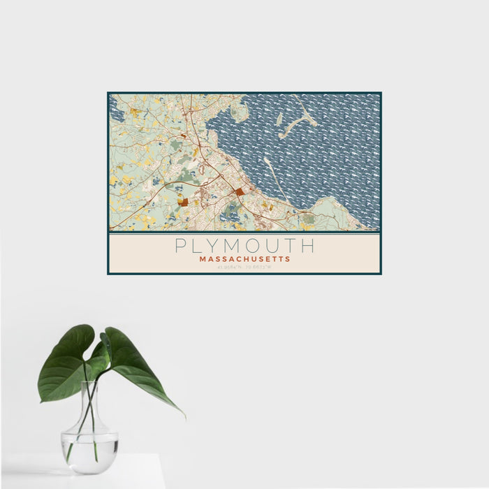 16x24 Plymouth Massachusetts Map Print Landscape Orientation in Woodblock Style With Tropical Plant Leaves in Water