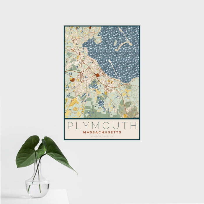 16x24 Plymouth Massachusetts Map Print Portrait Orientation in Woodblock Style With Tropical Plant Leaves in Water