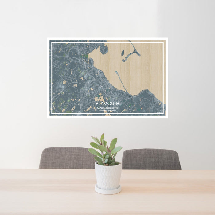 24x36 Plymouth Massachusetts Map Print Lanscape Orientation in Afternoon Style Behind 2 Chairs Table and Potted Plant