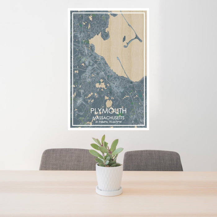 24x36 Plymouth Massachusetts Map Print Portrait Orientation in Afternoon Style Behind 2 Chairs Table and Potted Plant