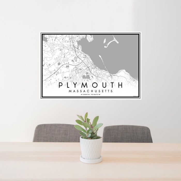 24x36 Plymouth Massachusetts Map Print Lanscape Orientation in Classic Style Behind 2 Chairs Table and Potted Plant