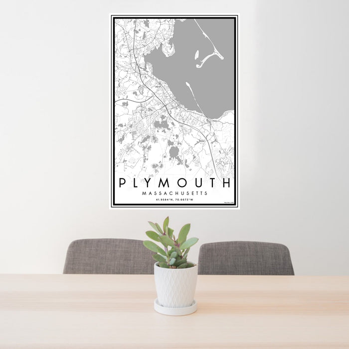 24x36 Plymouth Massachusetts Map Print Portrait Orientation in Classic Style Behind 2 Chairs Table and Potted Plant