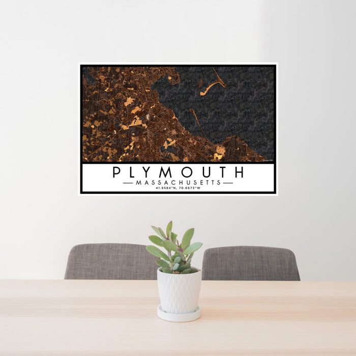 24x36 Plymouth Massachusetts Map Print Lanscape Orientation in Ember Style Behind 2 Chairs Table and Potted Plant