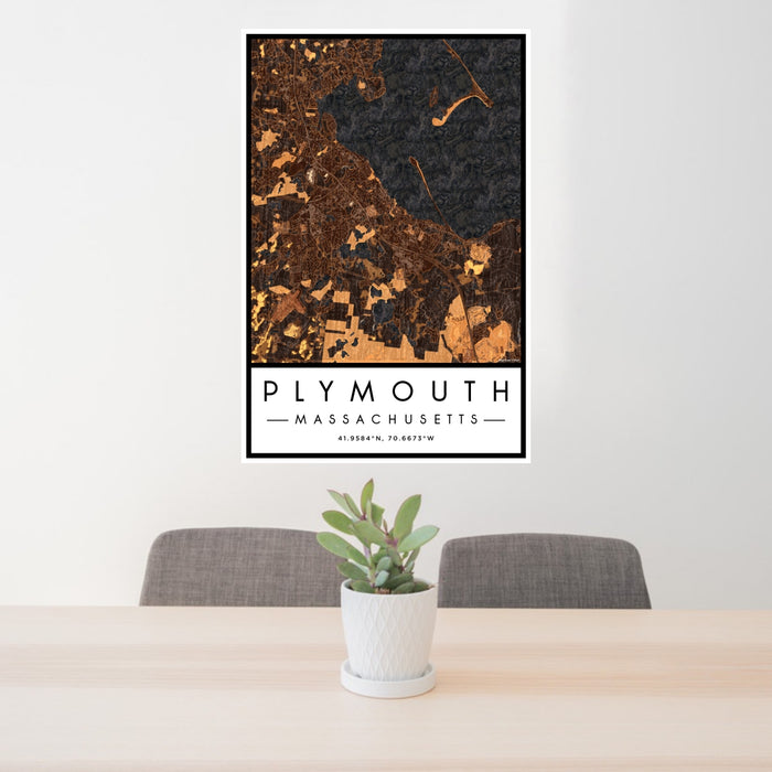 24x36 Plymouth Massachusetts Map Print Portrait Orientation in Ember Style Behind 2 Chairs Table and Potted Plant