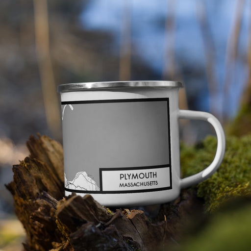 Right View Custom Plymouth Massachusetts Map Enamel Mug in Classic on Grass With Trees in Background