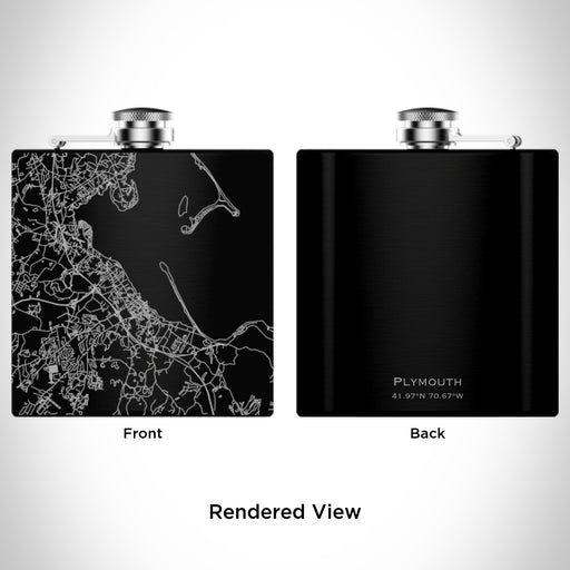 Rendered View of Plymouth Massachusetts Map Engraving on 6oz Stainless Steel Flask in Black