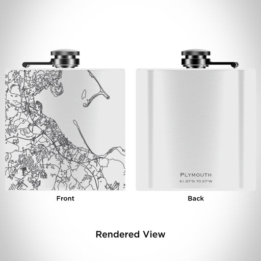 Rendered View of Plymouth Massachusetts Map Engraving on 6oz Stainless Steel Flask in White