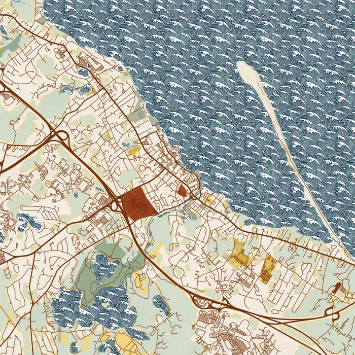 Plymouth Massachusetts Map Print in Woodblock Style Zoomed In Close Up Showing Details