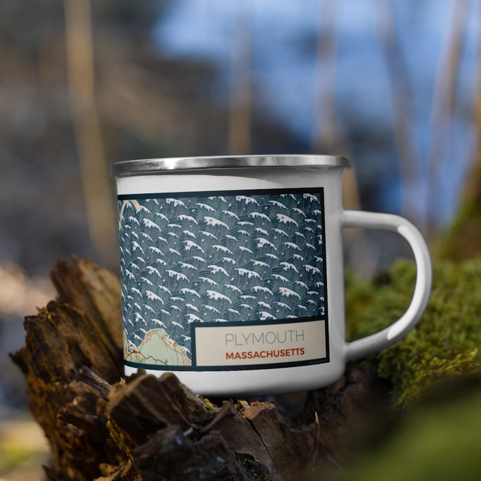 Right View Custom Plymouth Massachusetts Map Enamel Mug in Woodblock on Grass With Trees in Background