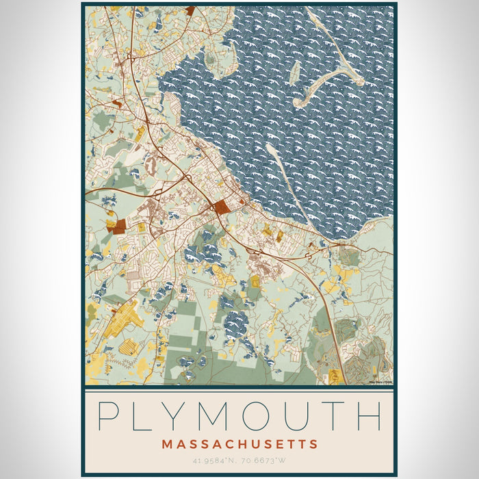 Plymouth Massachusetts Map Print Portrait Orientation in Woodblock Style With Shaded Background