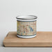 Front View Custom Plymouth Minnesota Map Enamel Mug in Woodblock on Cutting Board