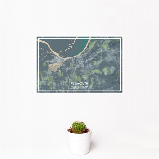 12x18 Plymouth North Carolina Map Print Landscape Orientation in Afternoon Style With Small Cactus Plant in White Planter