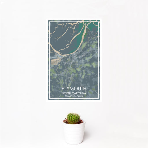 12x18 Plymouth North Carolina Map Print Portrait Orientation in Afternoon Style With Small Cactus Plant in White Planter