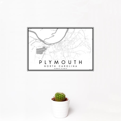 12x18 Plymouth North Carolina Map Print Landscape Orientation in Classic Style With Small Cactus Plant in White Planter