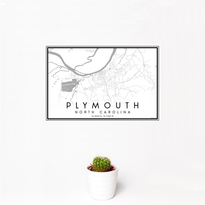 12x18 Plymouth North Carolina Map Print Landscape Orientation in Classic Style With Small Cactus Plant in White Planter